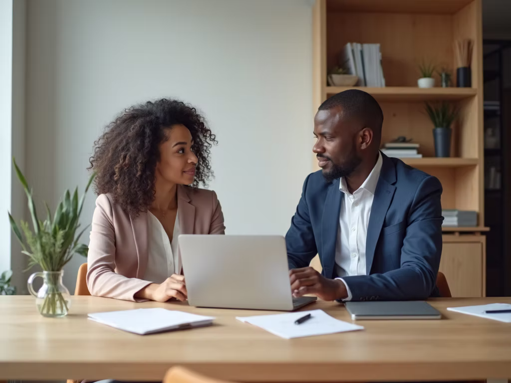 Two people talking across a desk with a laptop open between them