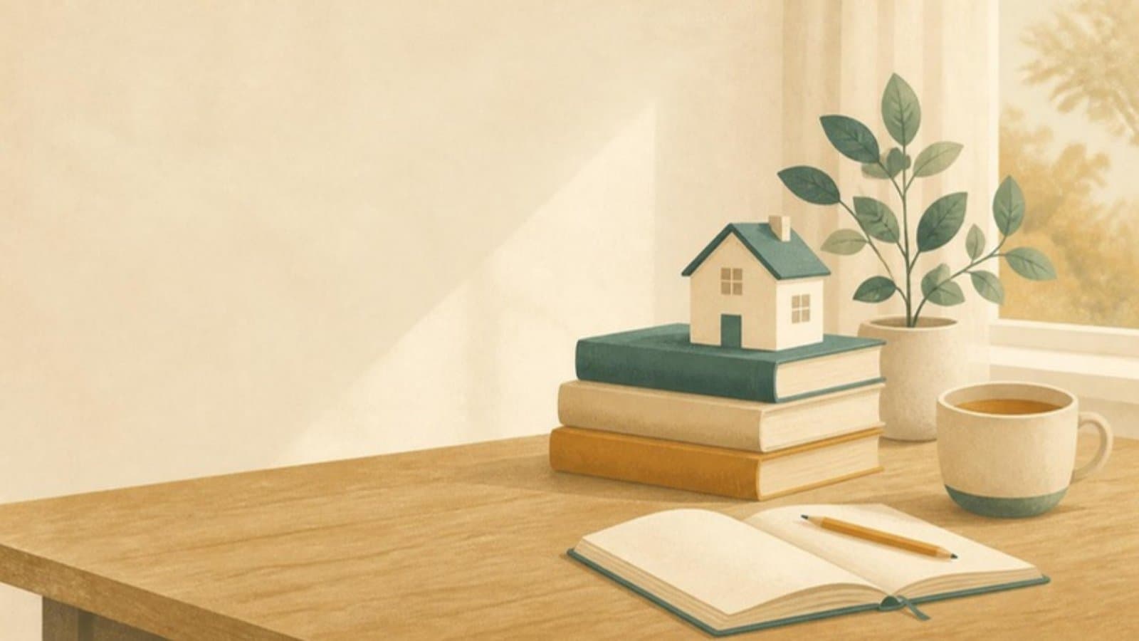 Illustration of a small model house on a stack of books on a wooden table, beside an open notebook, a pencil, a cup of tea and a plant by a sunny window