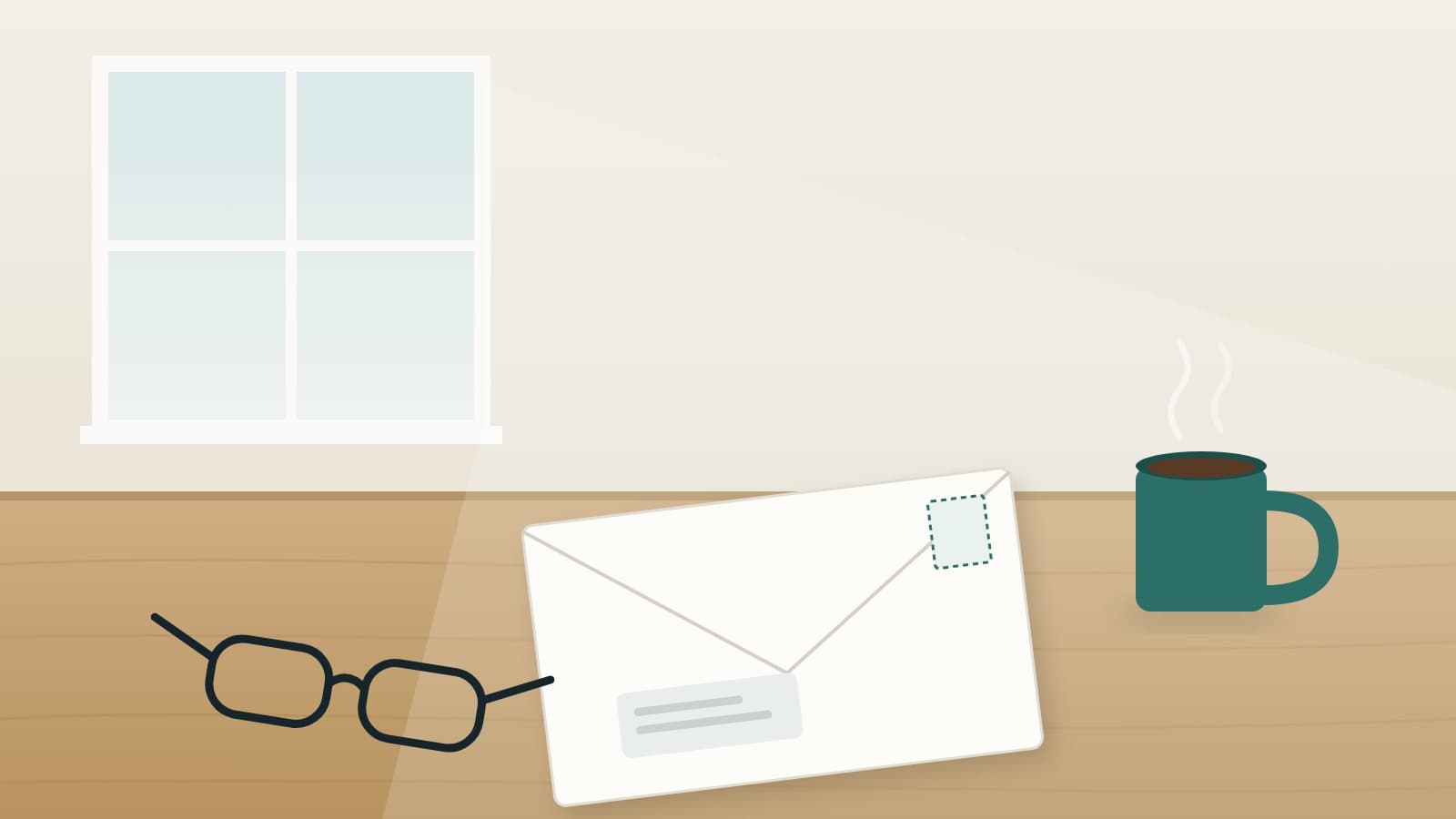 Illustration of an unopened envelope on a kitchen table beside a mug of coffee and a pair of glasses