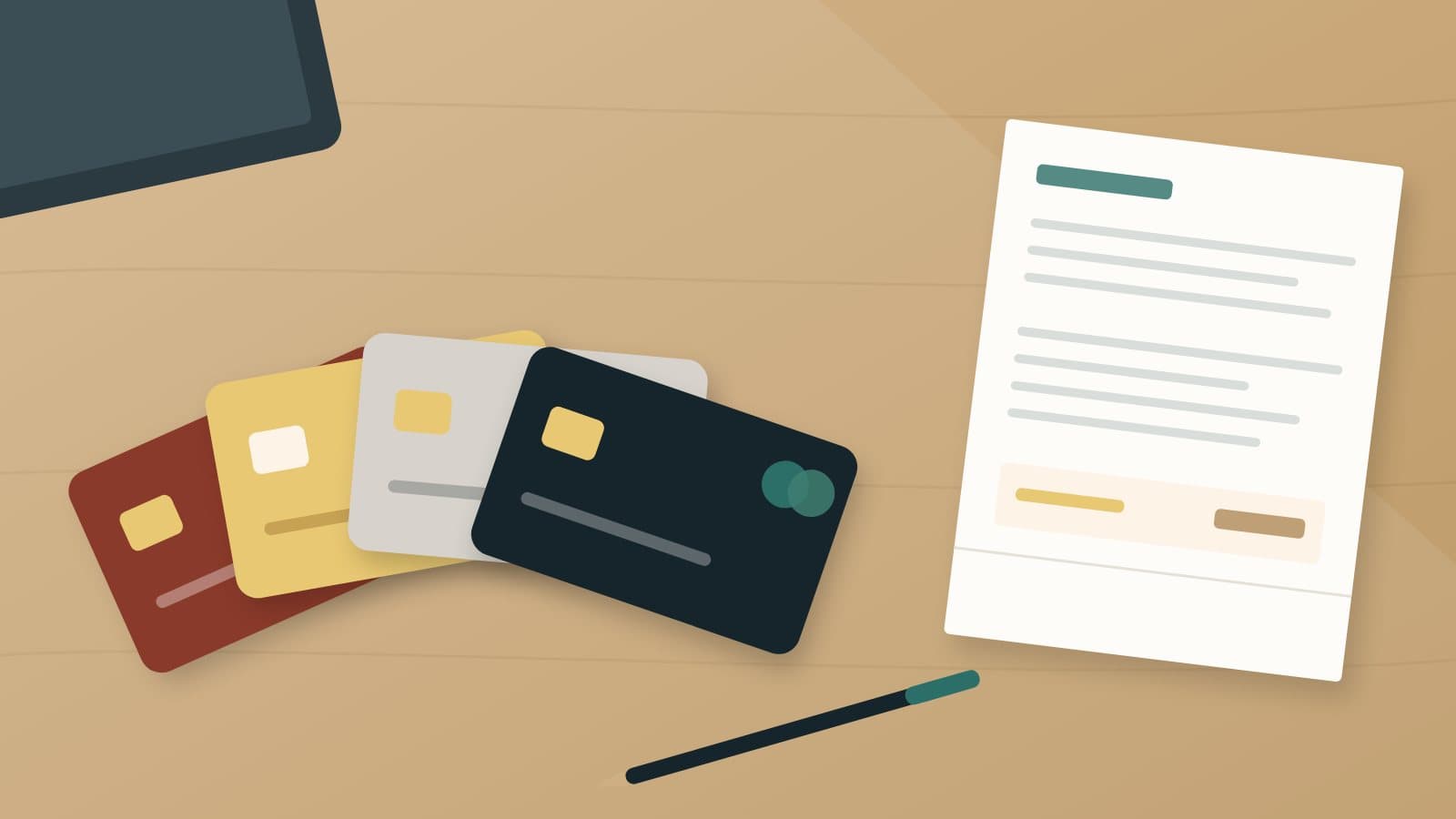 Illustration of four credit cards fanned out on a wooden table beside a paper statement and a pen
