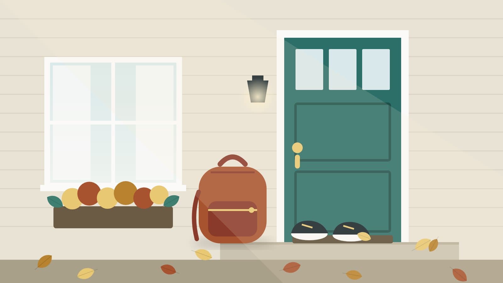 Illustration of a front door in early autumn with a school backpack, a pair of shoes and fallen leaves on the step