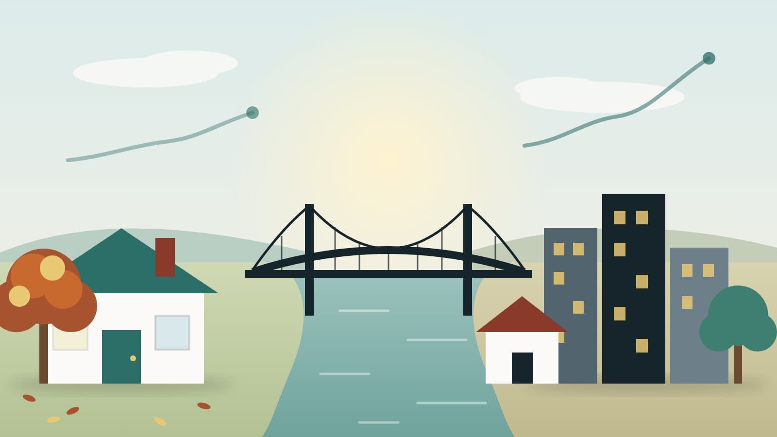 Illustration of a river with a bridge across it: a house with an autumn maple on one bank, a town of taller buildings on the other, and a rising line in the sky above each