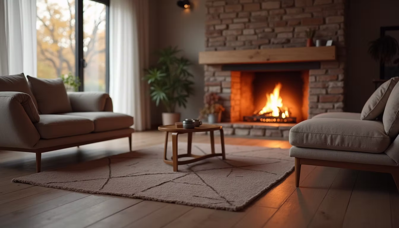 A quiet living room with a lit fireplace and afternoon light through the window