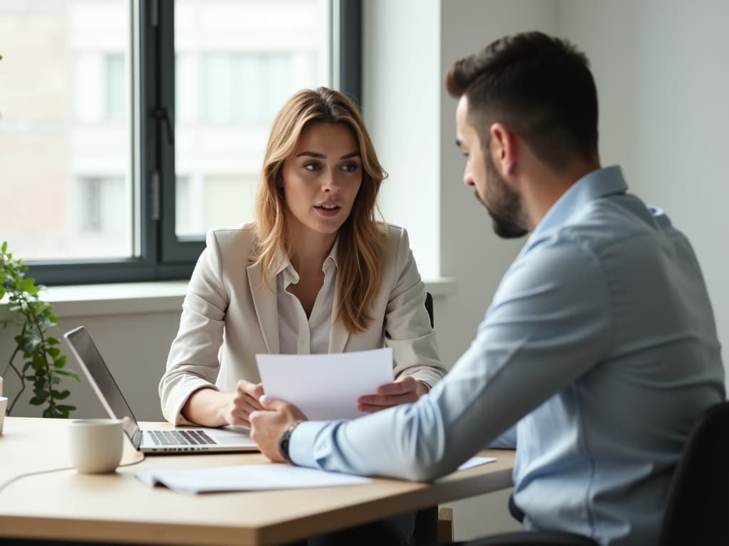 Two people at a desk going through a printed sheet of figures together