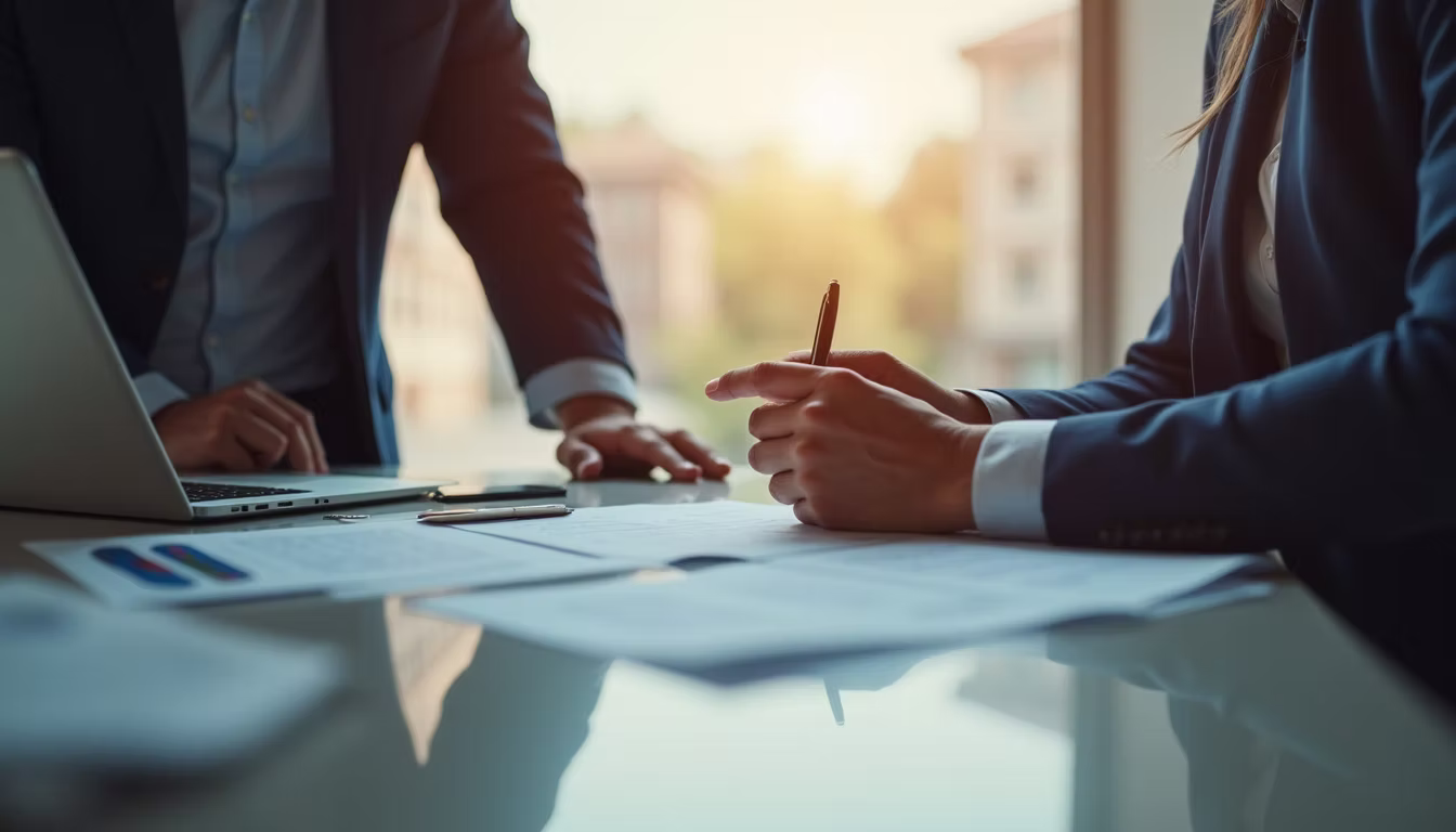 Two people reviewing paperwork together at a table