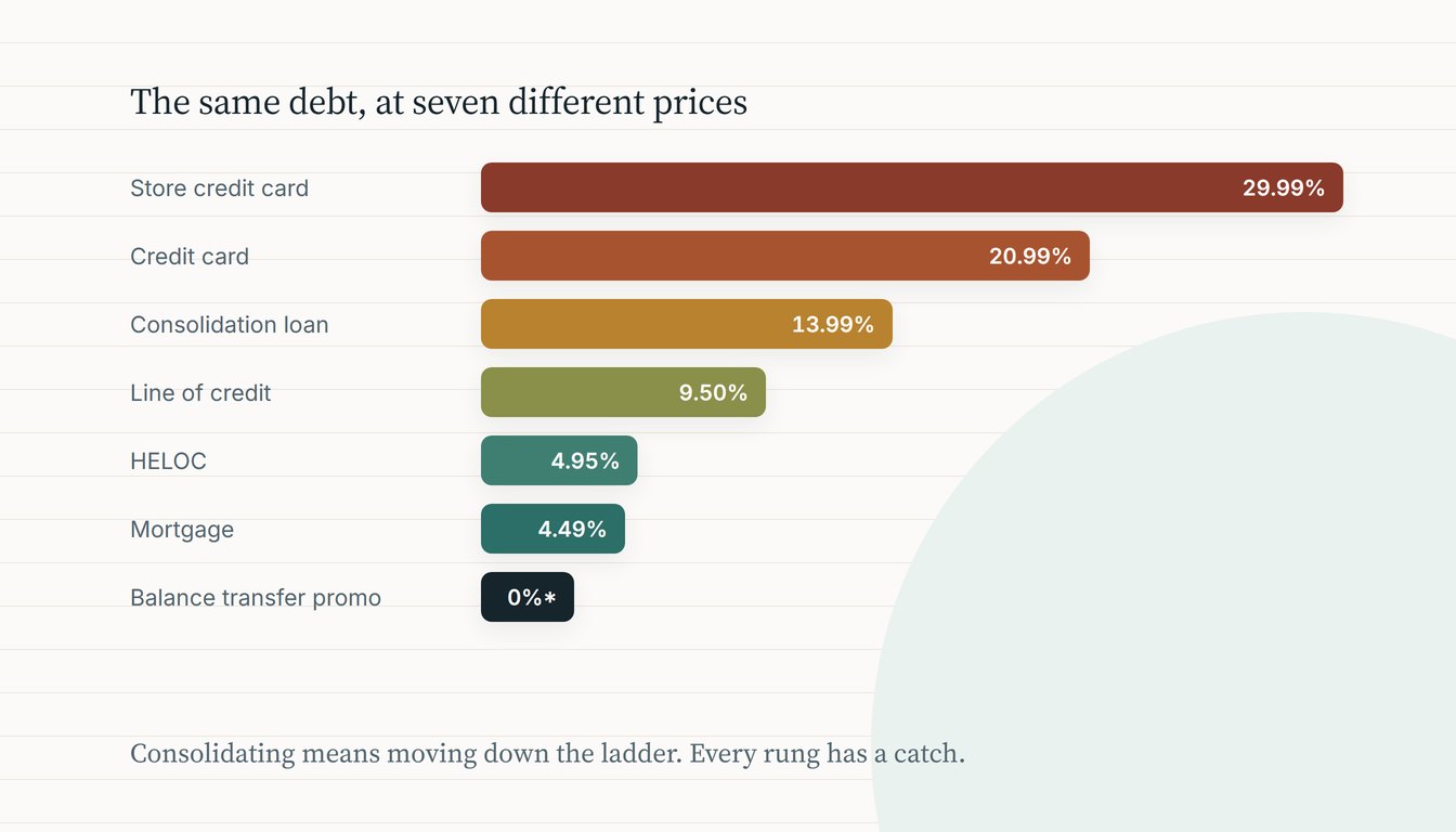 The same debt at seven different rates, from a store card at 29.99% down to a 0% balance transfer promotion